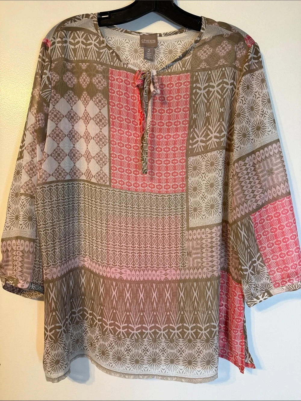 Chico's Olive, Coral & Cream Patchwork Tie-Neck Blouse
